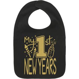 Aiden's Corner Cute Handmade Holiday Baby 1st New Year Bibs - Infant Boy Girl Gold Flake My First New Years Bib (Black)
