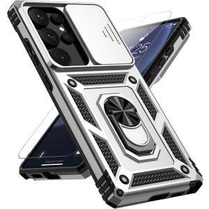 for Samsung Galaxy S25 Ultra Case with Slide Camera Cover HD Screen Protector [Military Grade Drop Tested] Magnetic Ring Holder Kickstand Protective Phone Case for Galaxy S25 Ultra 5G 2025, Silver
