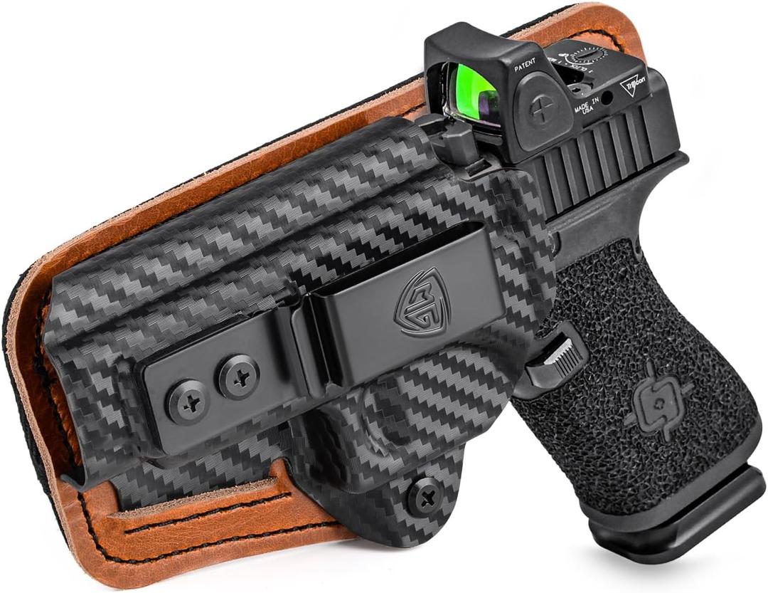 G43/G43X/G48 Right Hand IWB Holster, Black, Kydex Leather Hybrid, Glock 43/43X/43X MOS 9mm Pistol, Red Dot Optics Ready, Clip Attachment
