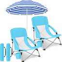 Colingmill 3 Pcs Folding Beach Chairs with Umbrella, Low Outdoor Chairs for Adults with Cup Holders and Carry Bags, Portable Set with 61 Inch Shade Canopy, 300 lbs Capacity(Light Blue), 27.6" x 6.5" x 6.7"