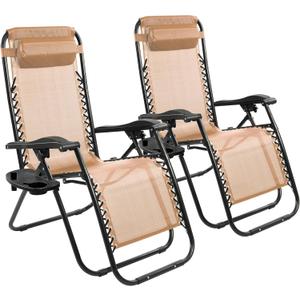 Elevon Zero Gravity Chair Set of 2 with Cup Holder & Removable Pillows, Adjustable Reclining Outdoor Patio Folding Chairs Portable Lounge Chair Furniture for Poolside, Lawn, Beach, Camping, Beige