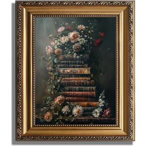 Framed Vintage Floral Wall Art - Moody Flowers Books Art Oil Painting, Vintage Wildflowers Dark Academia Floral Gallery Wall Decor Picture, Rustic Country Canvas Decor for Living Room Office 12''x16''
