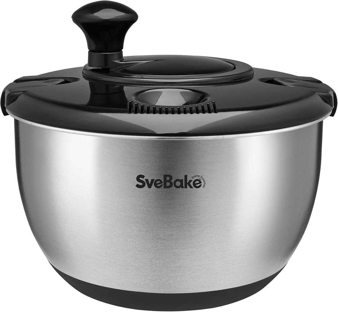 Stainless Steel Salad Spinner, 4.8 Qt Vegetable Washer, BPA-Free Lettuce Dryer with Crank Design, Dishwasher Safe, Non-Slip Base - Black Lid