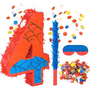 Superhero Birthday Decorations, Number 4 Spider Pinata 16 Inch with Piata Stick, Blindfold, Confetti for Boys and Girls Kids Birthday Party Supplies (4th)