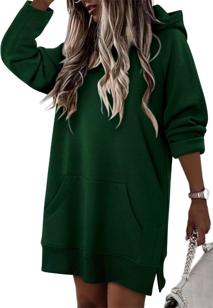 StunShow Women Oversized Sweatshirt Pullover Casual Split Hem Long Hoodie Dress with Kangaroo Pocket 2025 Fall (Green, L)