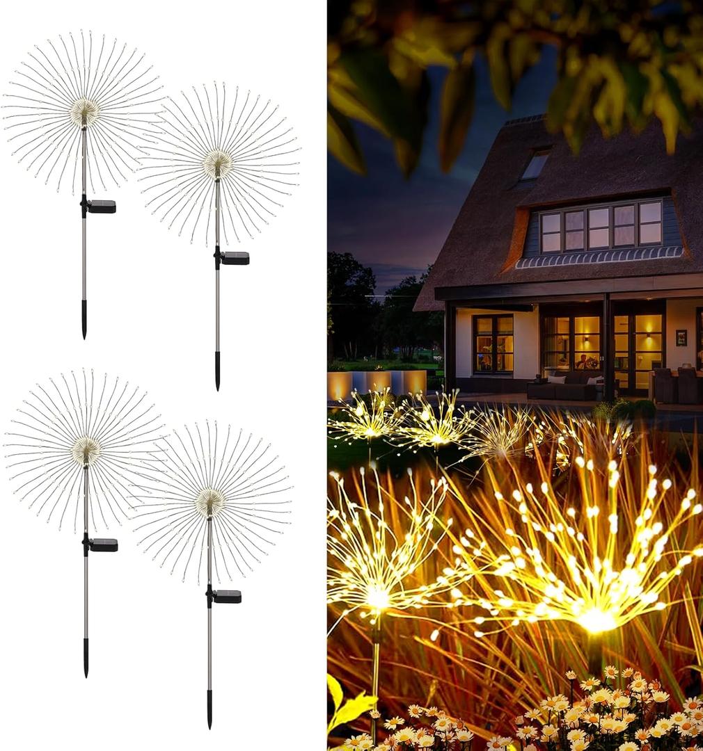 solar fireworks lights for outside, 150LED 8 Modes Fireworks Solar Lights Outdoor, Fairy Garden Flowers Lights for Yard Pathway wedding Party Christmas Diwali Garden Decor 4Pack (Warm White)