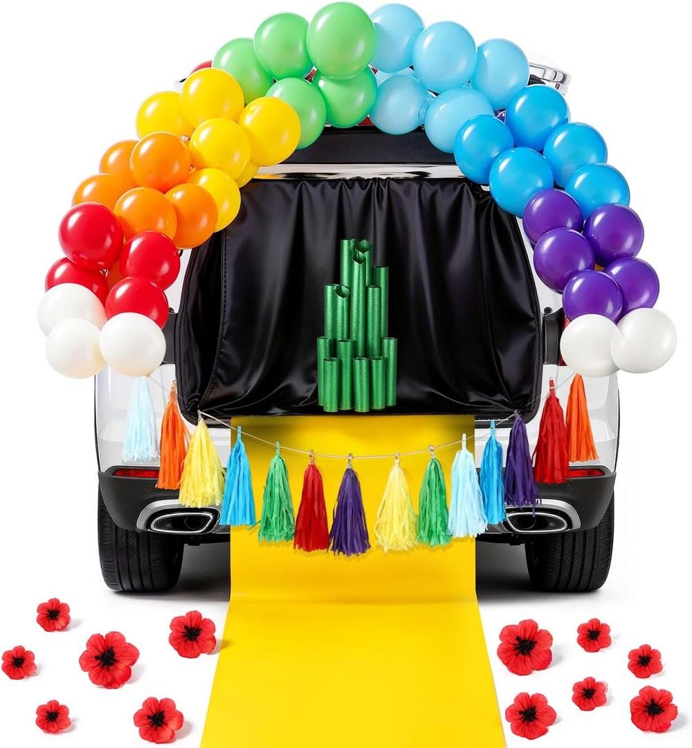 Jenaai 89 Pcs Wizard Halloween Trunk or Treat Car Decorations Kit for SUV Halloween Car Decor Green Glitter Paper Black Background Yellow Path Rainbow Balloon and Paper Tassels for Garage Door Party