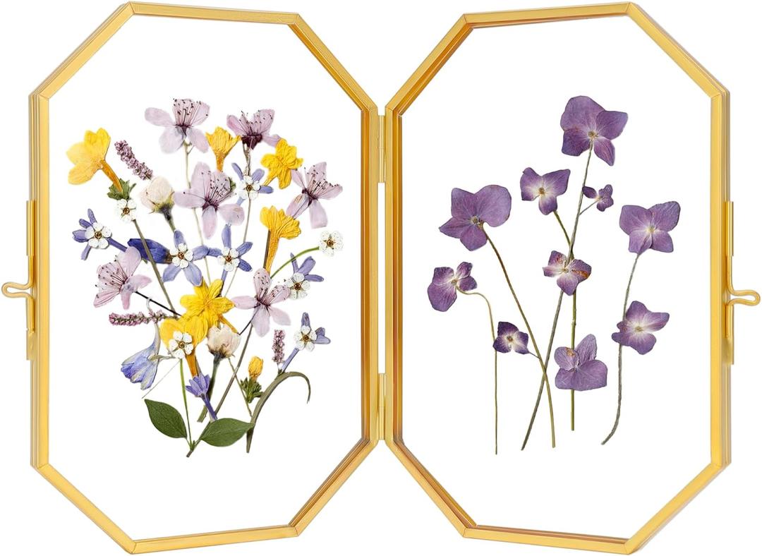 Double Glass Picture Frame Handmade, Glass Pressed Flower Frame, Hinged Tabletop Brass Photo Frames, Dried Flower Display Folding Frame for Home, Octagon, Gold, 46 Inches (4L" x 6W")
