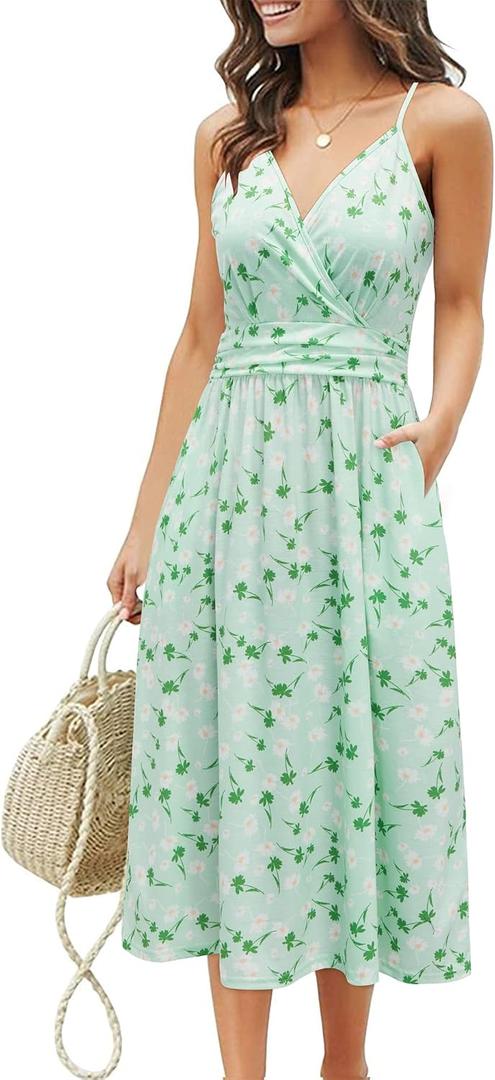 OUGES Women's Summer Spaghetti Strap V-Neck Floral Short Party Dress with Pockets M