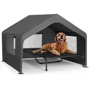 Veehoo Extra Large Dog House Outdoor with Elevated Dog Bed, Outside Dog Tent 4.1' x 4.1' x 3.3', Weatherproof Dog Shade Shelter and Raised Bed Combo for Pets or Stray Animals, Grey