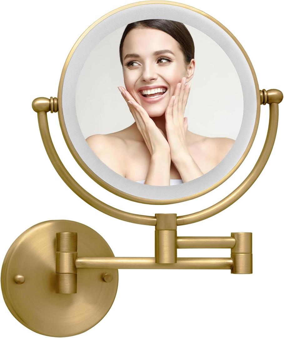 Wall Mounted Makeup Mirror with Lights, 1/10X Double Sided Rechargeable Led Wall Magnifying for Bathroom, 8 Lighted Mountable Vanity Arm Extendable Shaving Antique Brass