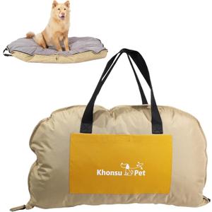 Portable Foldable Dog Bed for Travel Camping and Outdoor Dog Mat with Waterproof Cover& Fluffy Lining- Easy Clean, Durable - S (Khaki)