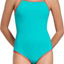 Beautikini Period Swimwear One Piece Leakproof Swimsuit Racerback Training Menstrual Bathing Suit for Teen Girls Women (Small, Blue Curacao/Cayenne)