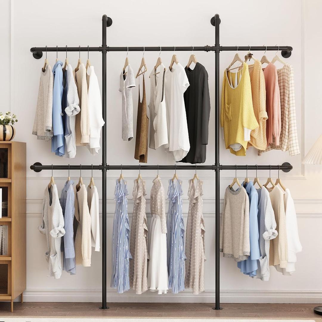 Industrial Pipe Clothing Rack Wall Mount, Black Pipe Clothes Rack with 6 Hanging Rods, Heavy Duty Pipe Clothing Rack for Laundry Room, Closet Systems for Walk in Closets