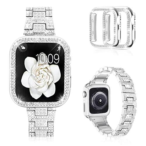 Mosonio Compatible with Apple Watch Band 46mm S11 S10 with Case Women, Bling Metal Wristband Strap with 2 Pack Bling PC Protective Cover for iWatch Series 11/10(46mm,Silver)