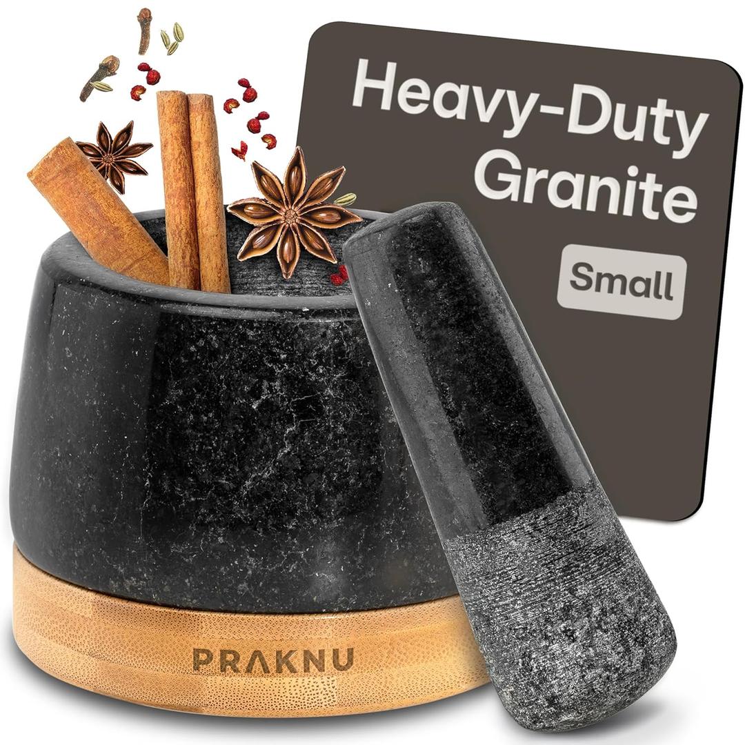 Mortar and Pestle Set Small - Heavy-Duty 1 Cup Stone Grinder for Spices & Herbs - Durable Granite Molcajete - Guacamole Bowl with Non-Slip Wooden Base - Effortless Grinding & Easy to Clean