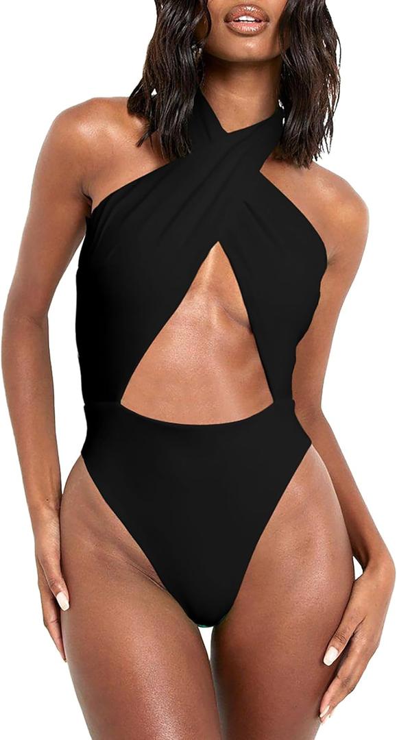 HYPERFIRE Women's Sexy Halter Criss Cross Swimsuit Cut Out One Piece Bathing Suit High Cut Swimwear (Large, Black)