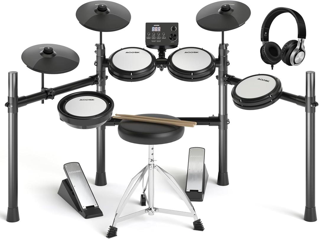 AODSK Electric Drum Set with Quiet Mesh Pads,Electronic Drum for Beginner,USB MIDI,Throne,Headphones,Sticks, Included 15 Kits and 195 Sounds,AED-403