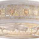 Vintage Caged Ceiling Fans with Lights and Remote, Victorian Hand-Antiqued Rustic Crystal Fandelier, Low Profile Flush Mount, Enclosed Bladeless Ceiling Fan with Light for Bedroom, Kitchen, Hallway (White)