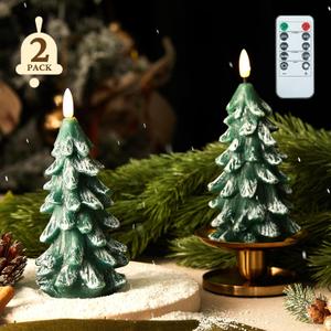 BRONYPRO 2 Pcs Christmas Tree Flameless Candles with Remote Timer,Waxy Flameless Candles Flickering,Led Candles Battery Operated,Christmas Home Wedding Decor,Set of 2,Green(7.3" X 3.5")