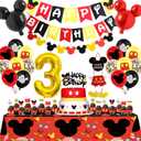 Cartoon Mouse 3rd Birthday Party Decorations - 3 Years Old Boy Party Supplies Includes Birthday Banner Garland, Door sign, Tablecloth, Cake Cupcake Toppers, Mouse Head Balloons, Latex Balloons