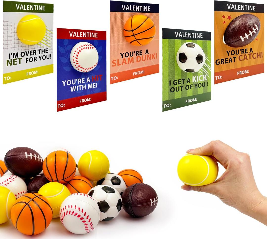 Sports Valentines Cards Gifts for Kids School Classroom - 24 Pack, Mini Foam Ball Toys with Exchange Cards for Toddler Boys Girls, Valentines Party Favors Goodie Bag Stuffer Class Prizes for Students