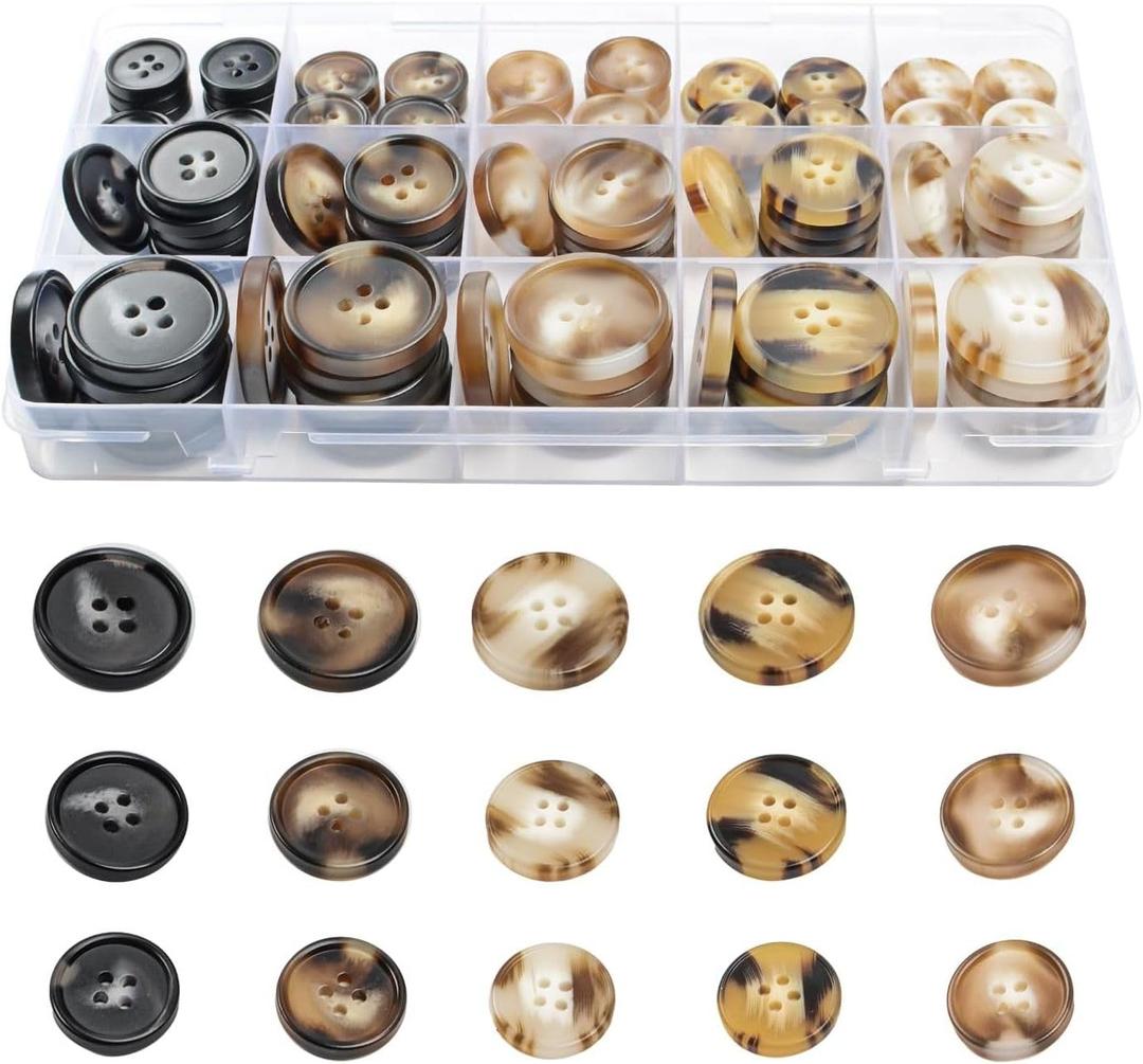 110Pcs Mixed Sewing Buttons, 4-Hole Craft Round Blazer Buttons, 5 Color 3 Size (15mm, 20mm, 25mm) Suit Coats Resin Button, Suitable for Variety Clothing Sewing, DIY Craft (Coffee Color, Style G)