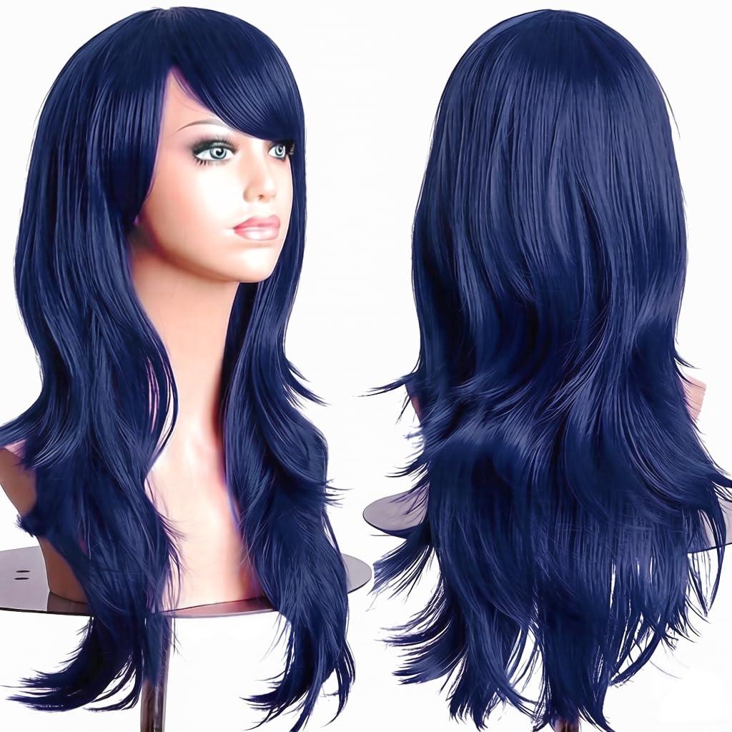 PORSMEER Navy Blue Womens 26inch 70cm Long Wavy Hair Party Movie Cosplay Costume Halloween Wig
