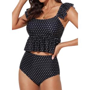 Dokotoo Two Piece Tankini Swimsuits for Women 2026 Square Neck Ruffle Cap Sleeve Bathing Suits Striped Swim Suits (Black, XXL)