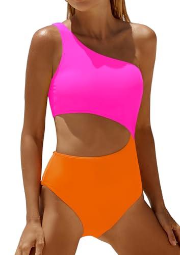 Yonique Women's One Piece Swimsuit- One Shoulder Bathing Suit Cutout Tummy Control Swimwear Pink Orange M