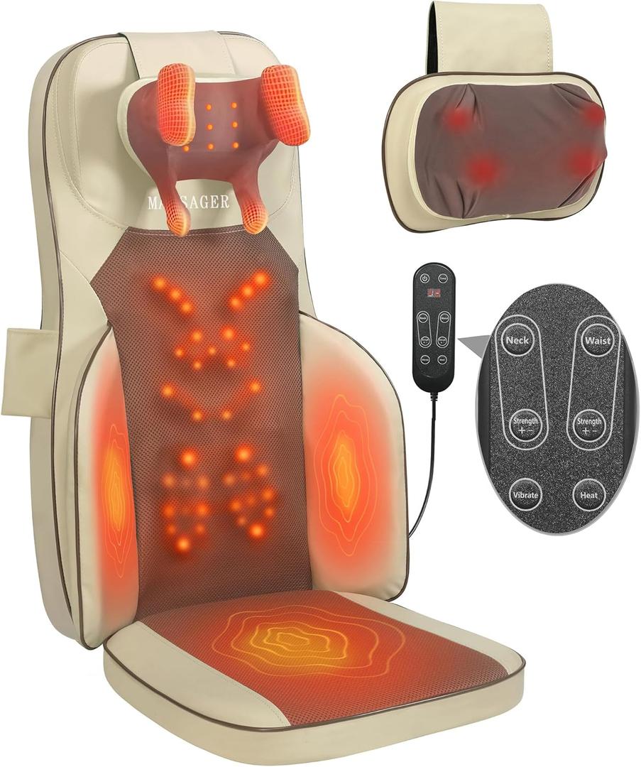 MAIBOLE Shiatsu Neck Back Massager Chair Pad w/Heat - Back Massager for Pain Relief Deep Tissue, Full-Back Kneading, Rolling - Adjustable Neck Height & Intensity (Khaki)