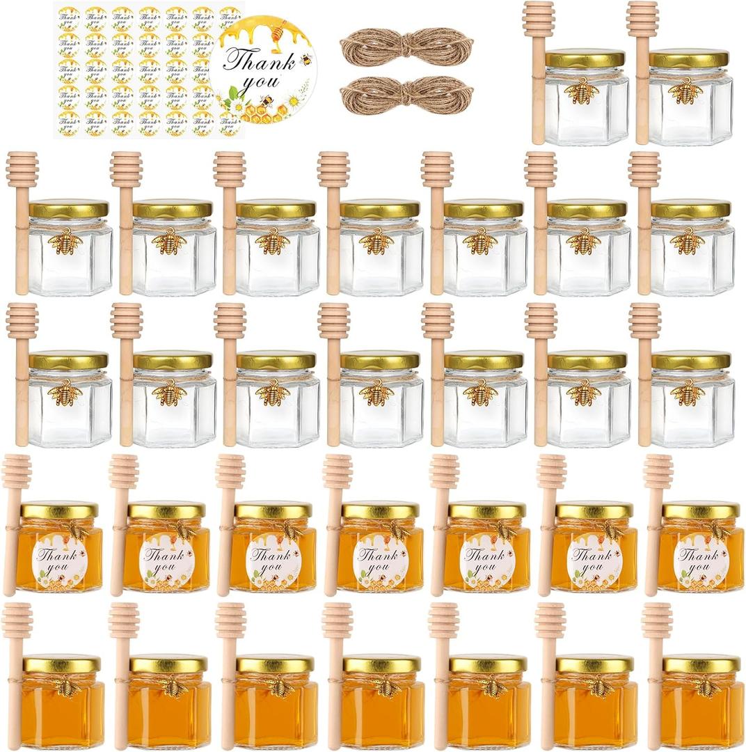 BIGIVACA 2 oz Hexagon Mini Glass Honey Jars with Wood Dippers,30 Pack Small Honey Jars with Gold Lids, Bee Pendants,Jutes,35 Bee Stickers, Perfect for Baby Shower, Wedding Favors, Party Favors