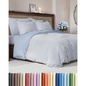 Duvet Cover Full Size - Extra Soft Full Size Duvet Cover - Lightweight & Breathable - Easy Care & Fade Free with Zipper Closures & Ties - 80" x 90" Inches - (Blue Stripes 2) Comforter Not Included