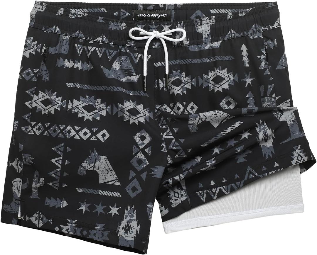 maamgic Mens Swim Trunks with Compression Liner 5 Inch, Quick Dry Bathing Suit with Zipper Pockets, No-Chafing Swim Shorts (X-Small, Dark West)