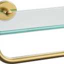 JQK Bathroom Glass Shelf, Shelf with 16 Inch Towel Bar Tempered Glass Shower Storage 16 by 5 inches, 304 Stainless Steel Brushed Gold Wall Mount, TGS100-BG