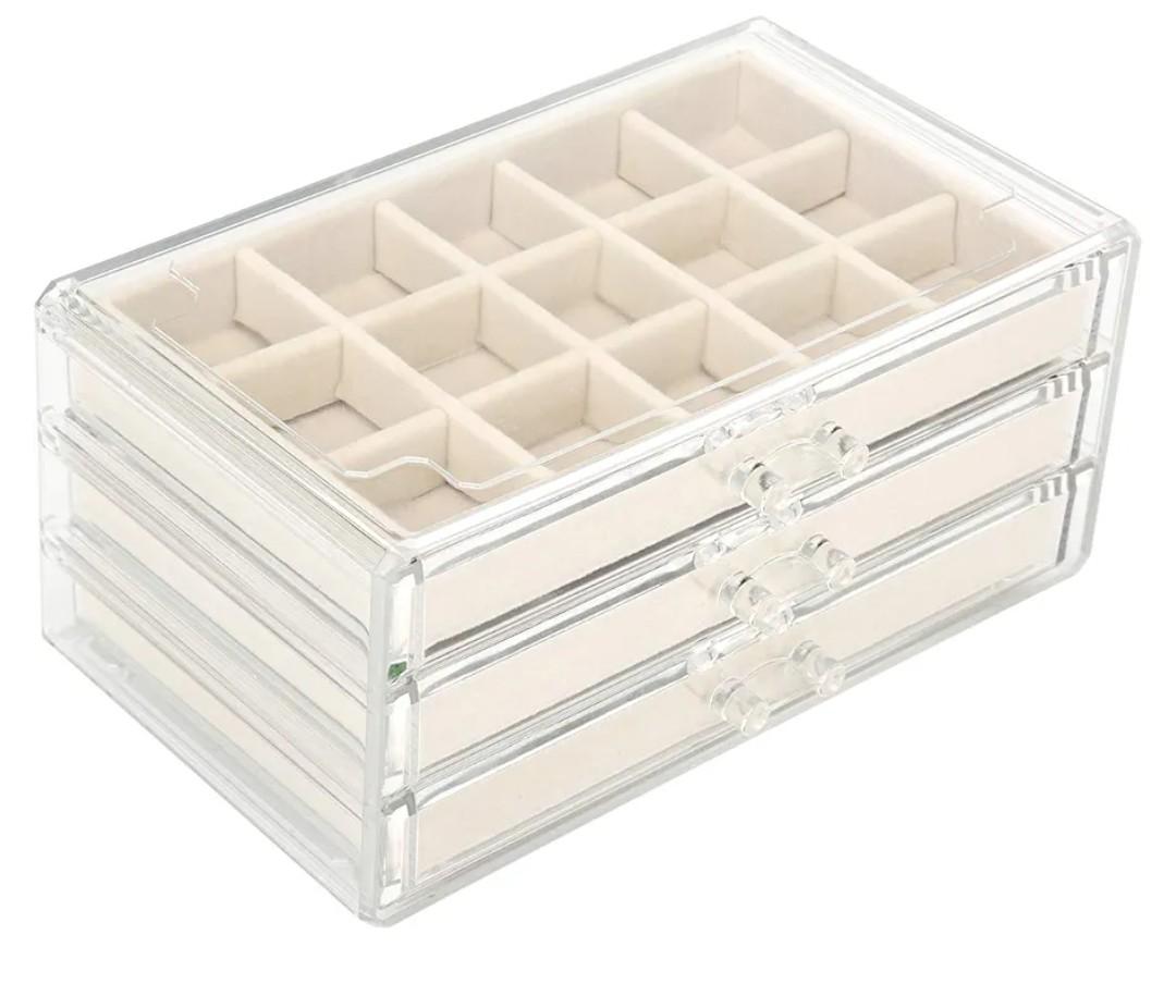 Acrylic Jewelry Organizer Makeup Cosmetic Storage Organizer box Clear Jewelry Case with 3 Drawers Adjustable Jewelry Box Velvet Trays grid size
