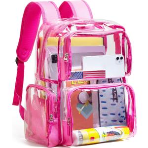 Vorspack Clear Backpack - Transparent Backpack with Reinforced Bottom & Multi-pockets for College Workplace Security - Pink (Large)