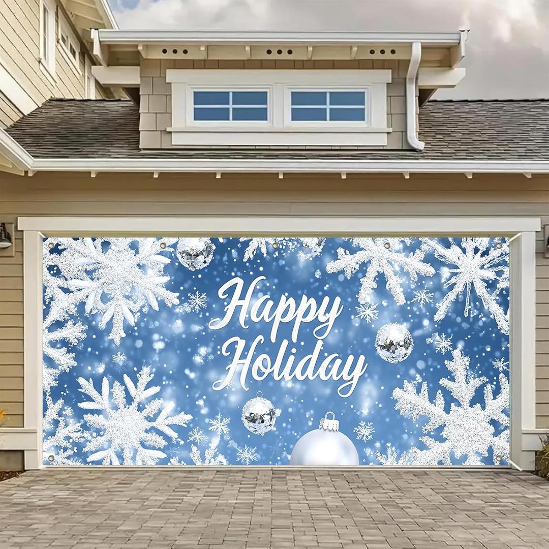 HOMETITUTE Holiday Garage Door Banner 13x6ft Blue Snowflake Scene with Silver Ornaments Lettering Outdoor Wall Cover Yard Display Large Winter Backdrop for Party Photo Decoration