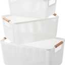 Ziliny 3 Pack Plastic Mesh Basket with Wooden Handles - PP Material Hanging Storage Organizer Container Bins for Organizing Cabinet Pantry Bathroom Kitchen Fridge Fruit Makeup Snacks Gifts(White)