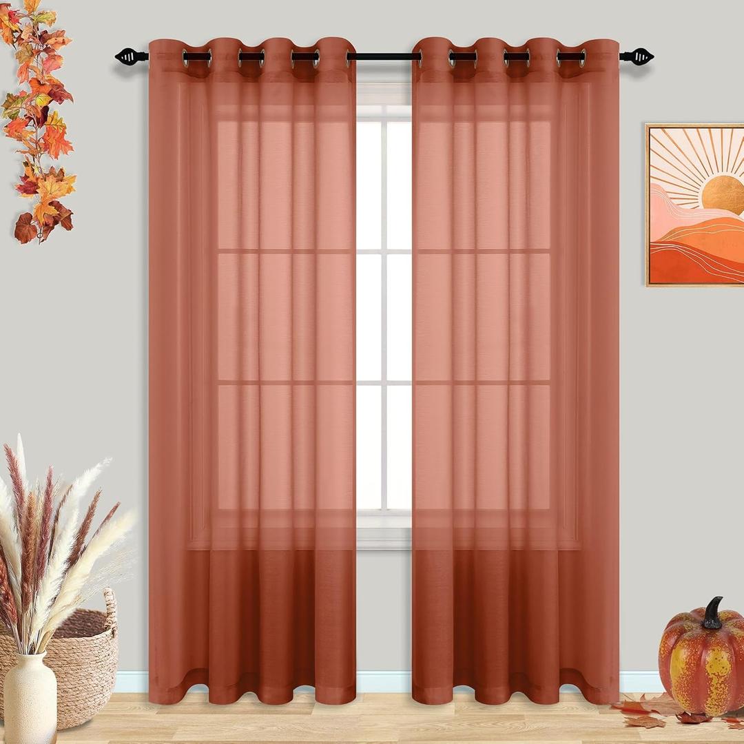 Terracotta Sheer Curtains 84 Inches Long for Living Room Bedroom Grommet Boho Airy See Through Faux Linen Bohemian Ochre Rust Tangerine Window Voile Sheer Curtains 84 Inch Length Set 2 Panels