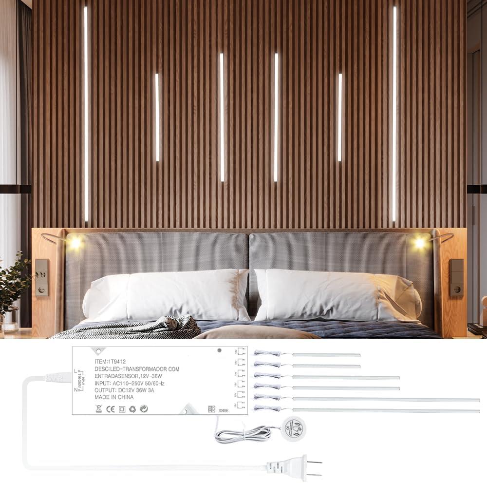 LED Recessed Lighting Kit,6 Pack Self-Adhesive COB LED Light Bar, Cold White 6000K, with Touching Switch, for Wood Slat Wall Panels,Headboards,Home Decor.Silver Channel,2 Pcs (16in+24in+40in)