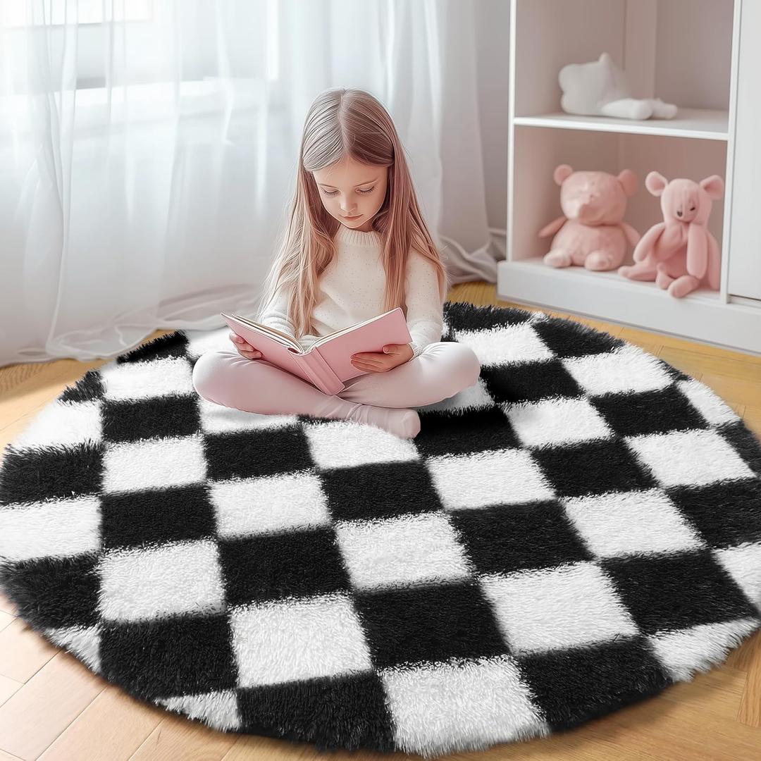 KICMOR Round Rugs 6ft for Bedroom Living Room, Black and White Fluffy Soft Circle Area Rug Fuzzy Shag Shaggy Carpet, Large Plush Checkered Circular Rug for Kids Room Nursery Home Decor Aesthetic