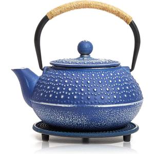 Juvale Cast Iron Teapot with Infuser - Blue, 27 oz (800 mL) - Stovetop Tea Kettle for Loose Leaf Tea - Includes Stainless Steel Infuser & Trivet