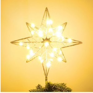 Christmas Tree Topper, 11 Inches Lighted Gold Glittered 8-Point Star Tree Topper, 30 LED Sparkling Tree Toppers Christmas Decorations, Battery Powered Timer Xmas Treetop Star Decor