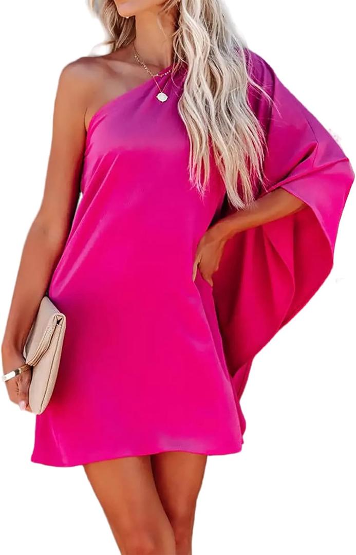 Jhsnjnr Women's Casual Batwing Sleeve One Shoulder Dresses Summer Club Party Cocktail Dresses (Large, Hot Pink)