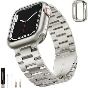 SUNFWR Compatible with Apple Watch Band 45mm 44mm 42mm for Men Women, Stainless Steel Metal iWatch Band with Case for Apple Watch Series 9/8/7/6/5/4/3/2/1/SE/SE2 (Titanium, 42mm/44mm/45mm) (Starlight)