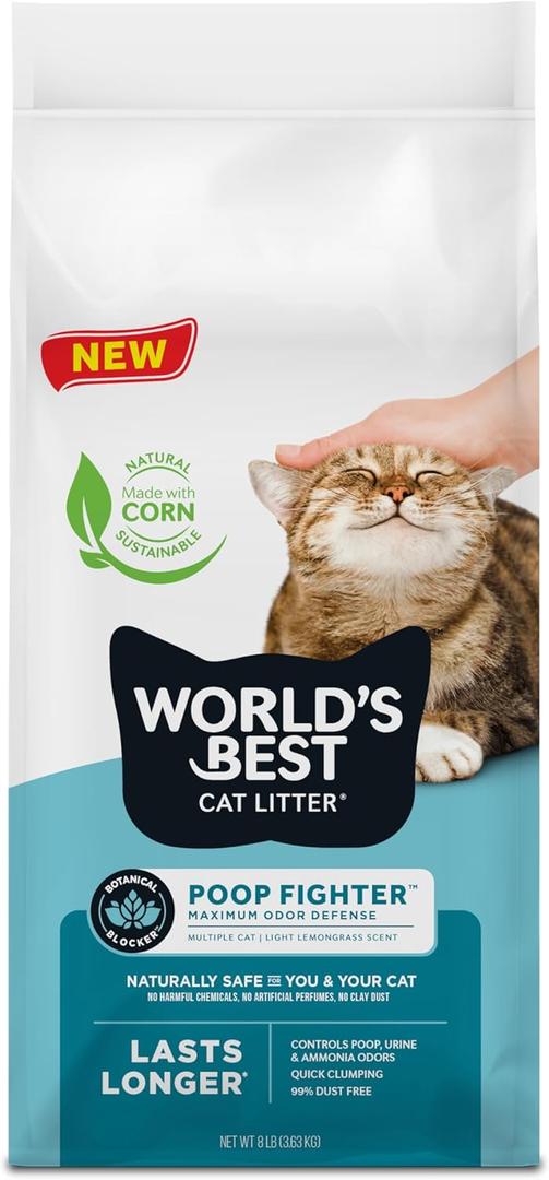 WORLD'S BEST CAT LITTER Poop Fighter Maximum Odor Defense, 8-Pounds - Natural Ingredients, Quick Clumping, Flushable, 99% Dust Free & Made in USA - Long-Lasting Odor Control & Easy Scooping, Best By 01/14/2029 