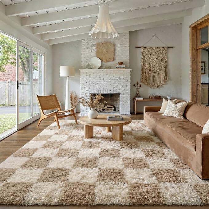 Checkered Rug 8x10 for Living Room, Modern Neutral Shag Rug Shag Rug Washable Non-Slip Large Area Rug Super Soft Indoor Fuzzy Carpet Fluffy Rugs for Bedroom Home Aesthetic Decor (Beige White)