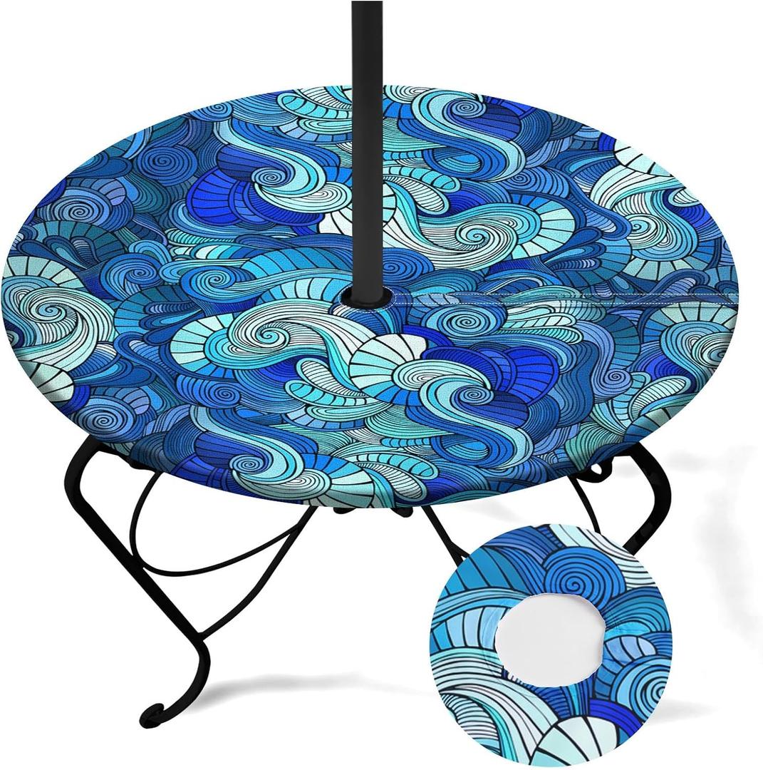 Blue Round Outdoor Tablecloth With Umbrella Hole, Retro Fitted Table Cover With Zipper, Waterproof Windproof Umbrella Table Cloth with Elastic(48''-54'')