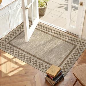Small Area Rug 2x3 Modern Checkered Entry Rug Solid Color Scalloped Kitchen Rugs Washable Bedroom Doormat Non Slip Stain Resistant Bordered Throw Carpet for Living Room Nursery Laundry, Taupe